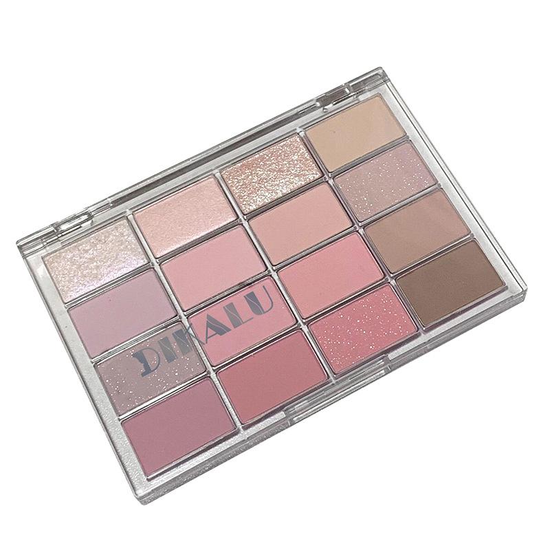 DIKALU 16-Color Eyeshadow Palette: Pearlescent & Matte Earth Tones in Gray, Pink, and Coconut Brown.