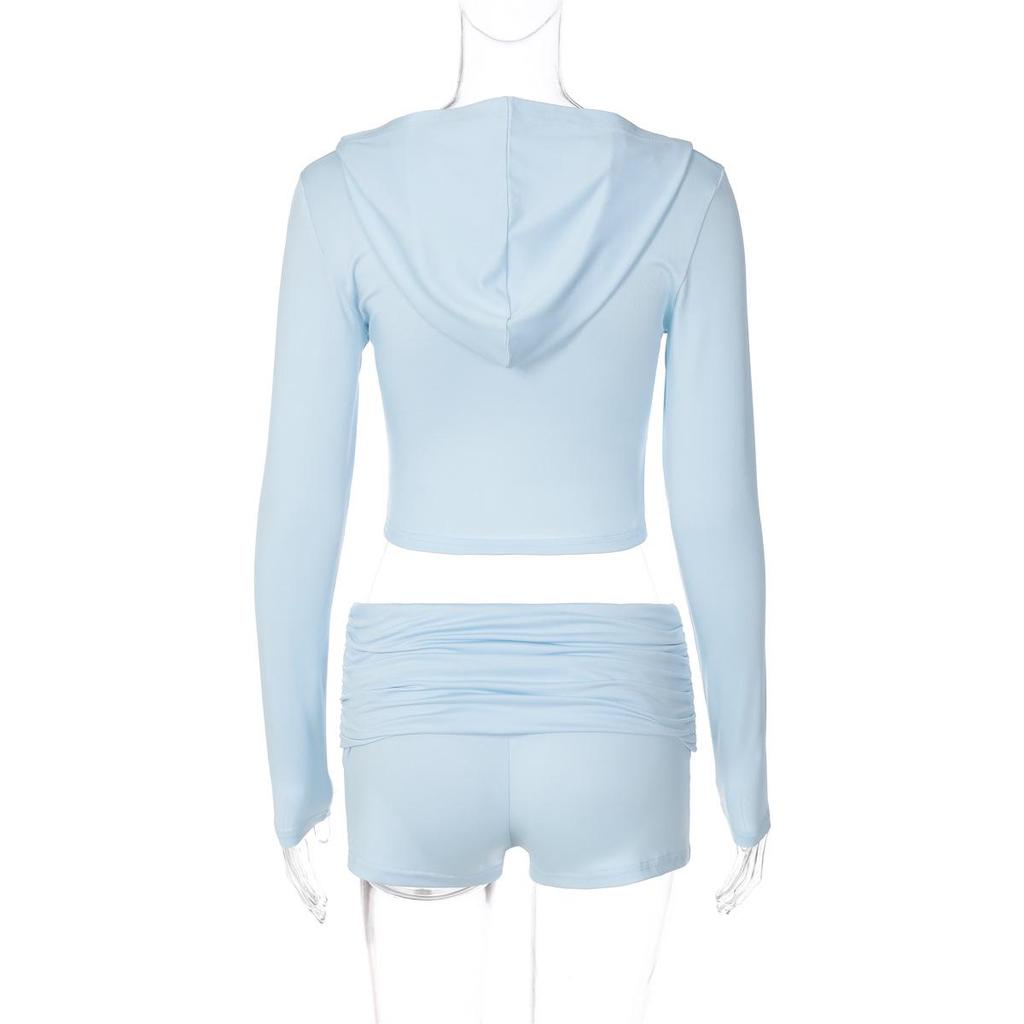 Women's European & American Style Autumn Zip-Up Hoodie & Pleated Shorts Sporty Two-Piece Set