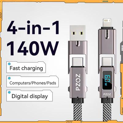 4 In 1 140W PD USB C Cable Digital Display Fast Charging For iPhone 16 15 14 Pro Max MacBook iPad USB Type C Cord Charger