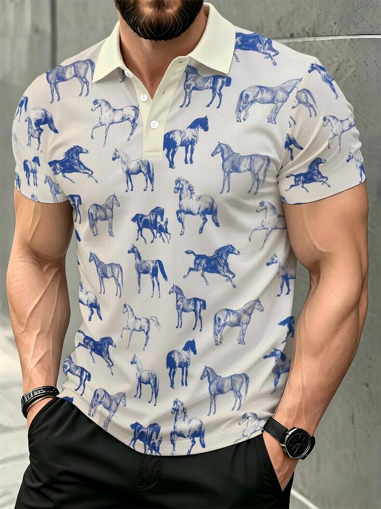Men's Outdoor Polo Shirt, Available in Multiple Sizes, Featuring an All-over Pony Print. Stylish and Comfortable, This Men's Top Is Suitable for