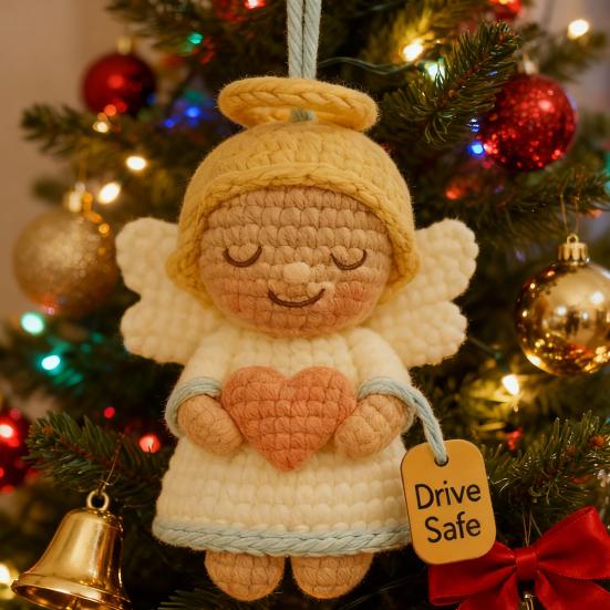 Crochet Angel Car Charm Handmade Knitting Angel Car Rear Mirror Hanging Accessories with Drive Safe Tag New Driver Blessing Present