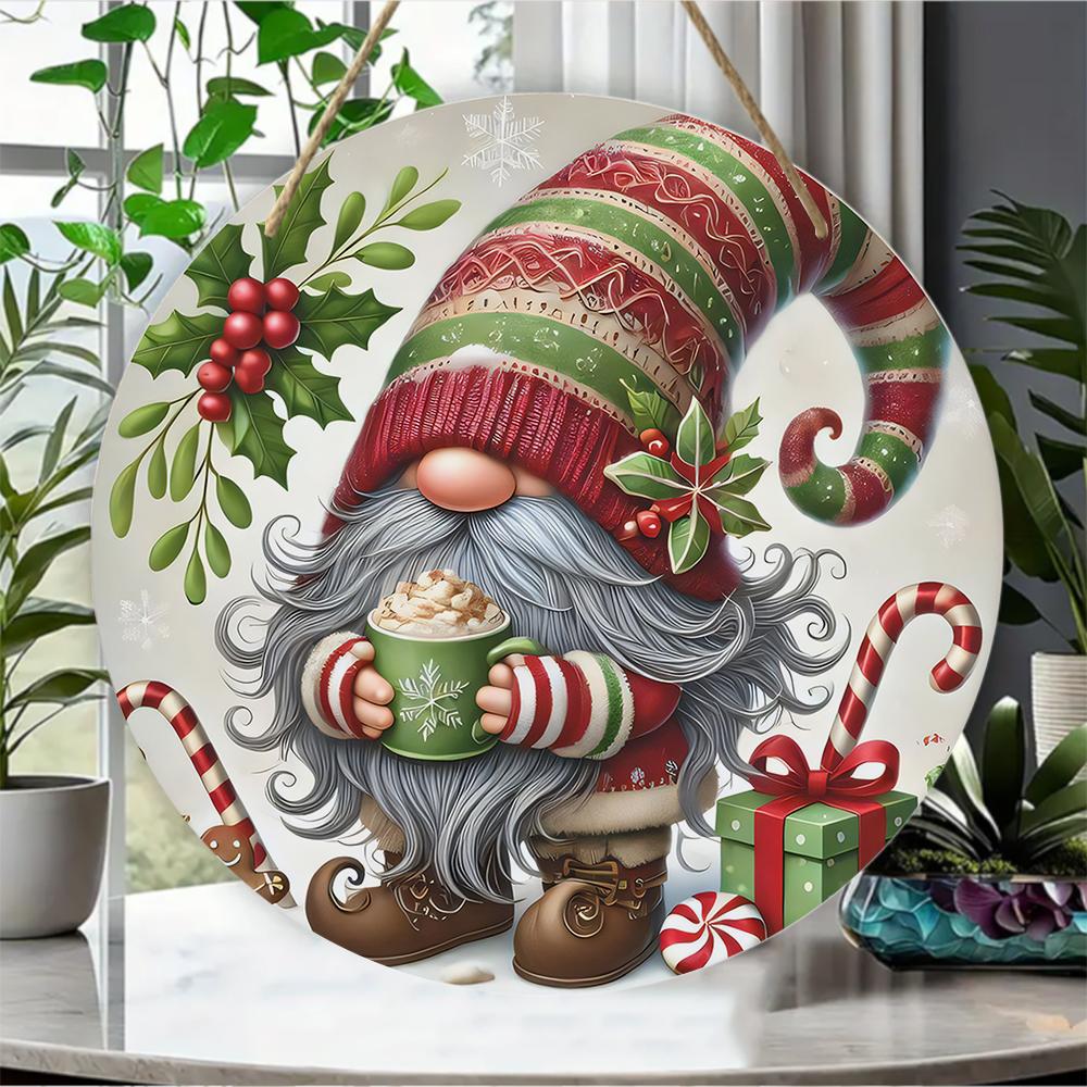 Christmas gnome pattern wooden wall sign, Round Wooden Hanging Plaque, festive holiday home decor, front door welcome ornament Xmas gifts