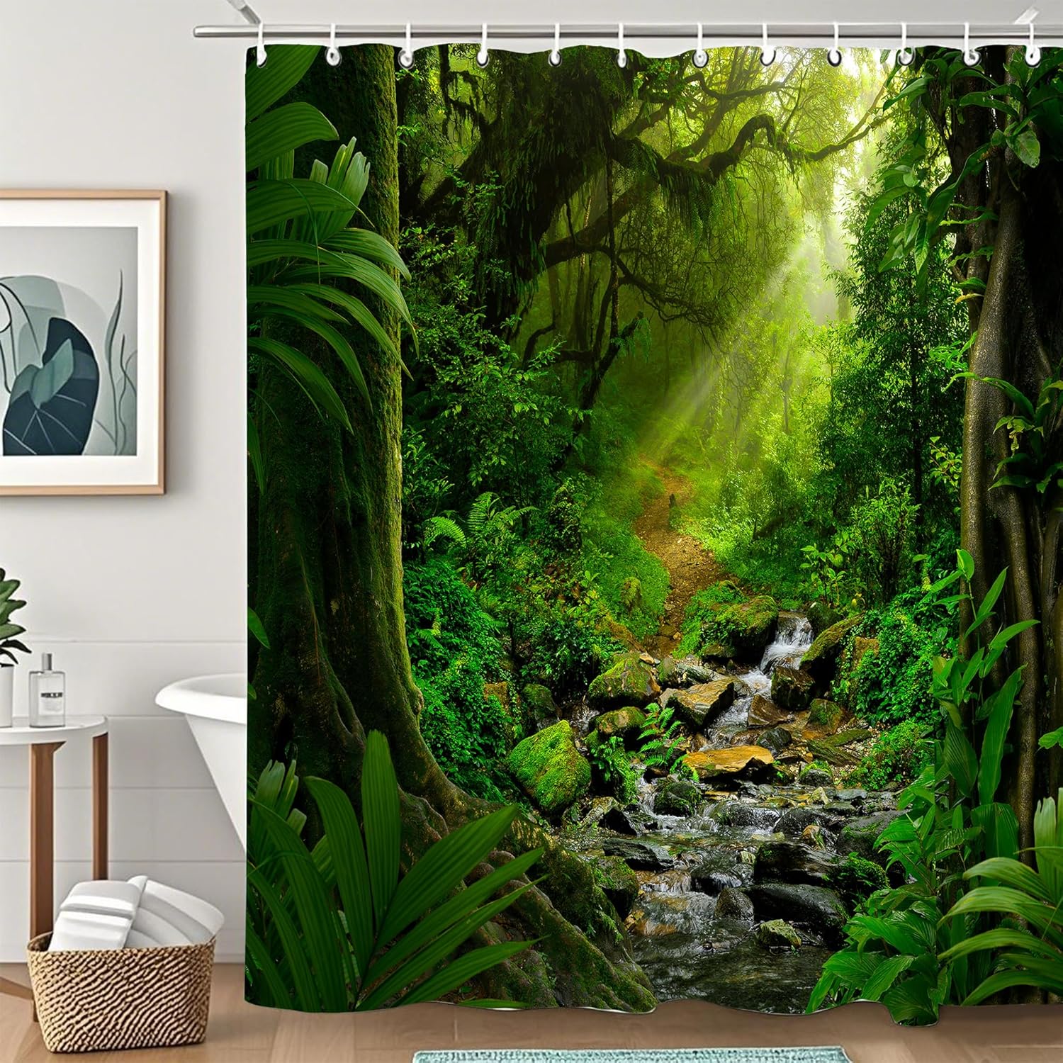 

Tropical Jungle Rainforest Trees River Rocks Shower Curtain,Bathroom Shower Curtains Bathtub Home Decor Waterproof Fabric Machin 90x180cm