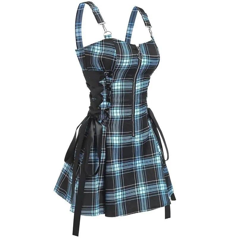 Abito Mini Vintage Punk Harajuku Lolita Gotico a Quadri con Lacci Y2K Zip Sexy A-Line Quotidiano da Donna Senza Maniche Streetwear
