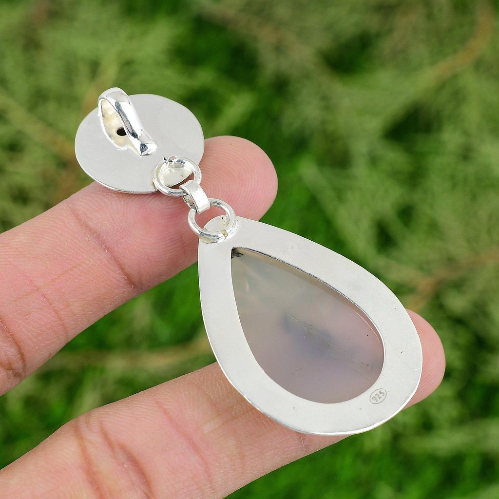 Pear Montana Agate Stone White Topaz Mermaid Engagement Pendant Sterling Silver