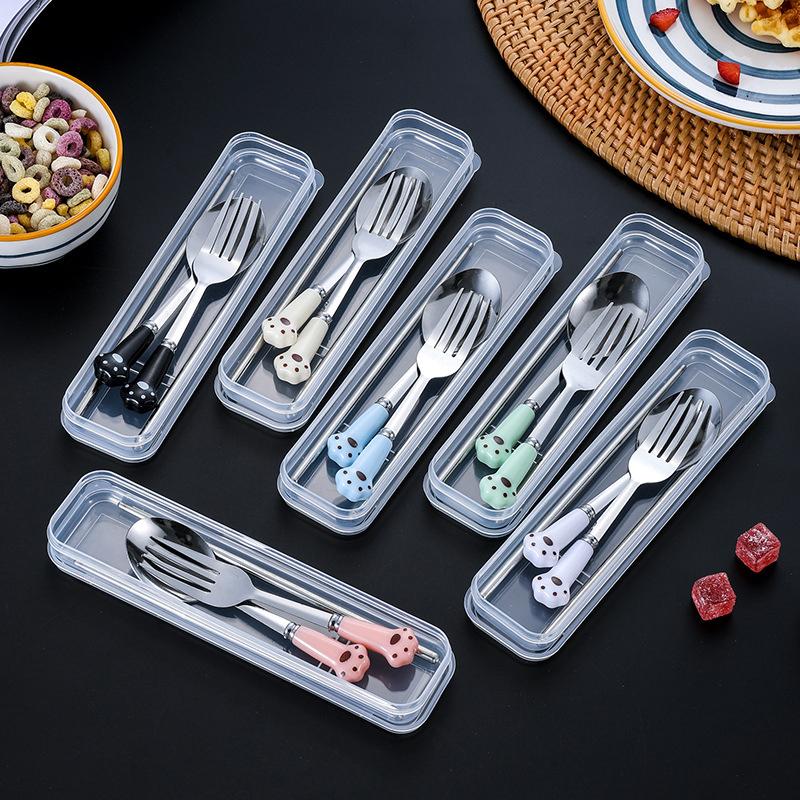 Cat Claw Stainless Steel Tableware Set Portable Cutlery Fork Spoon Chopsticks Three-Piece Suit With Box Travel Flatware Gift