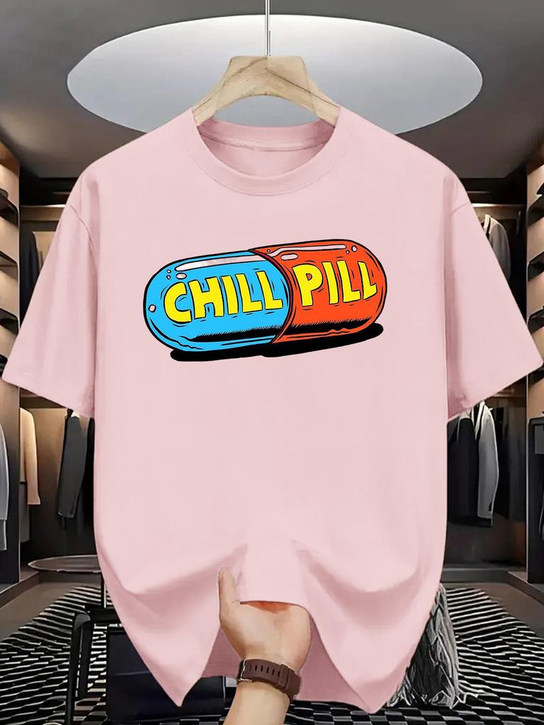 Unisex O Neck Tee Chill Pill Capsule Print Cotton Short Sleeve Loose Oversized Summer Street Breathable Basic Daily Casual Wear Top