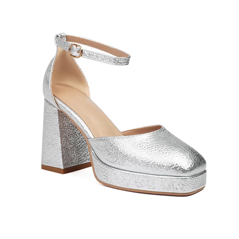 

ANNYMOLI Women Ankle Strap Two-Piece Pumps Square Toe Block Heels Buckle Platform Ladies Fashion Shoes Spring Autumn Gold Silver 37 срібний