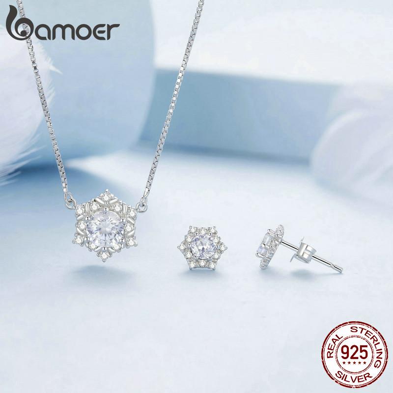 Bamoer 925 Sterling Silver Snowflake Pendant Necklace Shiny Cubic Zirconia Stud Earrings For Women Jewelry Set
