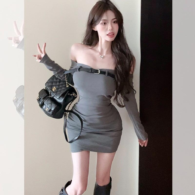 Pure Desire Sexy One-word Shoulder Tube Top Long-sleeved Dress for Women, Qiu Maillard Wears a Hot Girl Tight Little Mom Hip Wrap Skirt