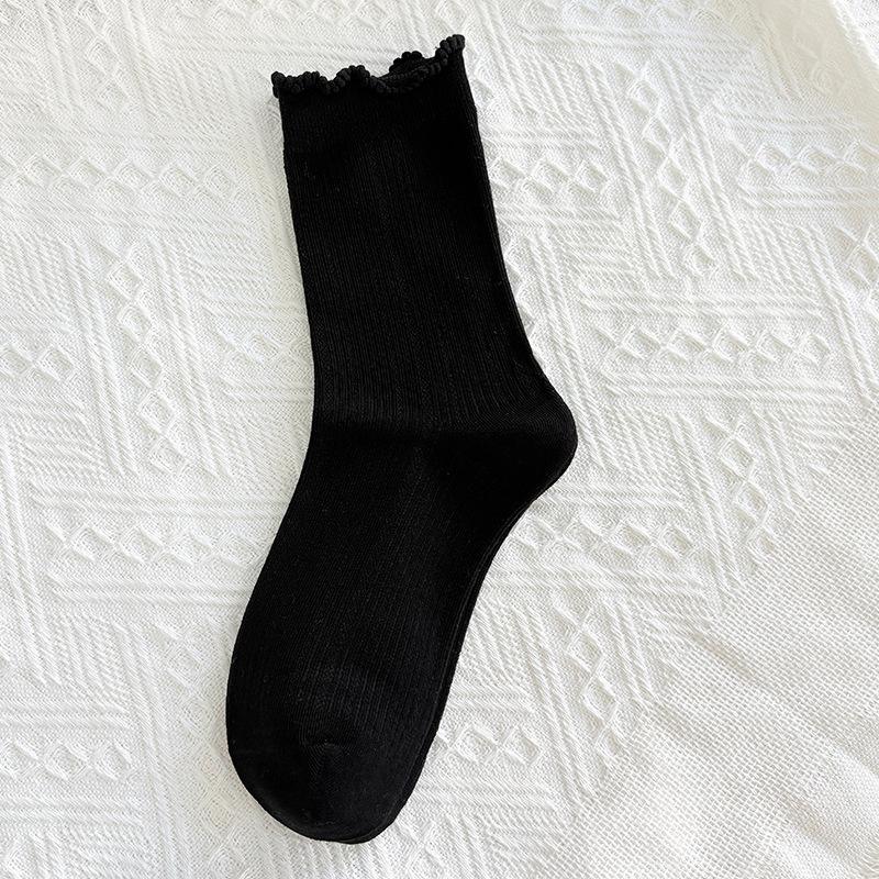 

Черные носки с отделкой ушками для женщин, носки до середины икры для осени и зимы, модные однотонные хлопковые носки, махровые носки с кружевом, женские носки без швов 1 pair
