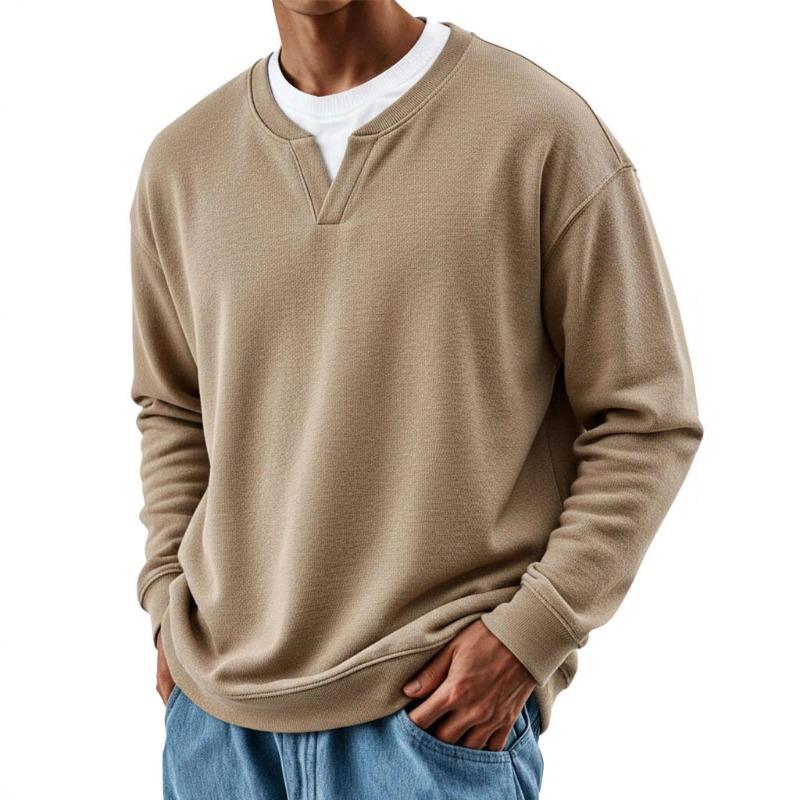 Mens Casual Henley Sweatshirt Light Green Solid Color Loose Fit Long Sleeve Crew Neck Pullover