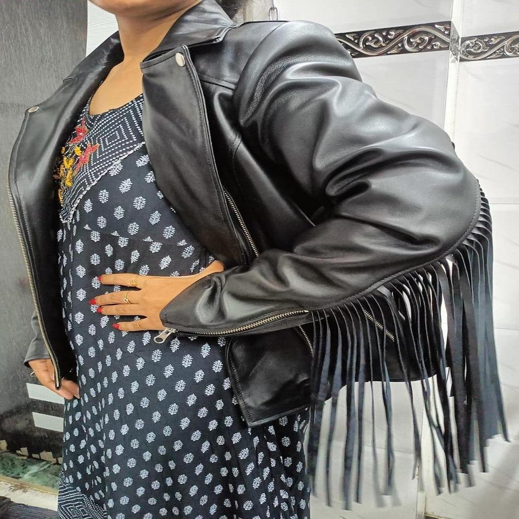 Noora Women's Lambskin Black Leather Jacket | Black Western Style Fringe Jacket | Biker Leather Tassel Jacket |