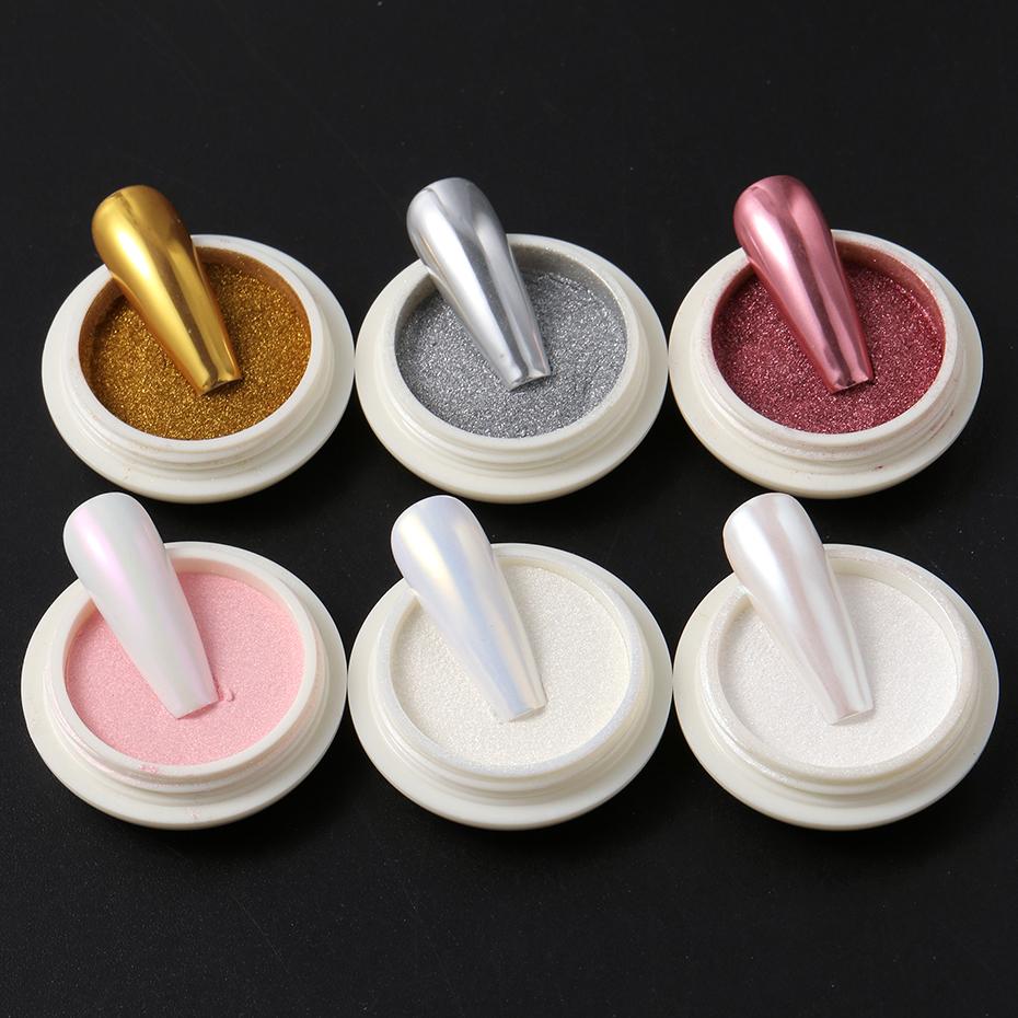 Xiaomi 6 Jars Aurora Chrome Mirror Nail Powder Iridescent Pearl Metallic Pigment Dust Golden Silvery Pink White Nail Glitter Decoration