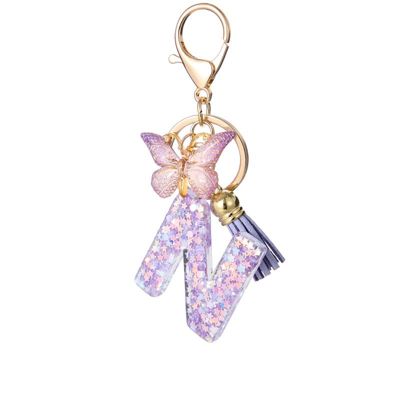 A-Z Resin Letter Keychain with Purple Butterfly Tassel Pendant for Women's Bags