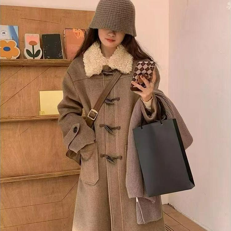 Coat Women's Woolen Winter Mid-length Over-the-knee High-end Horn Button Woolen Coat
