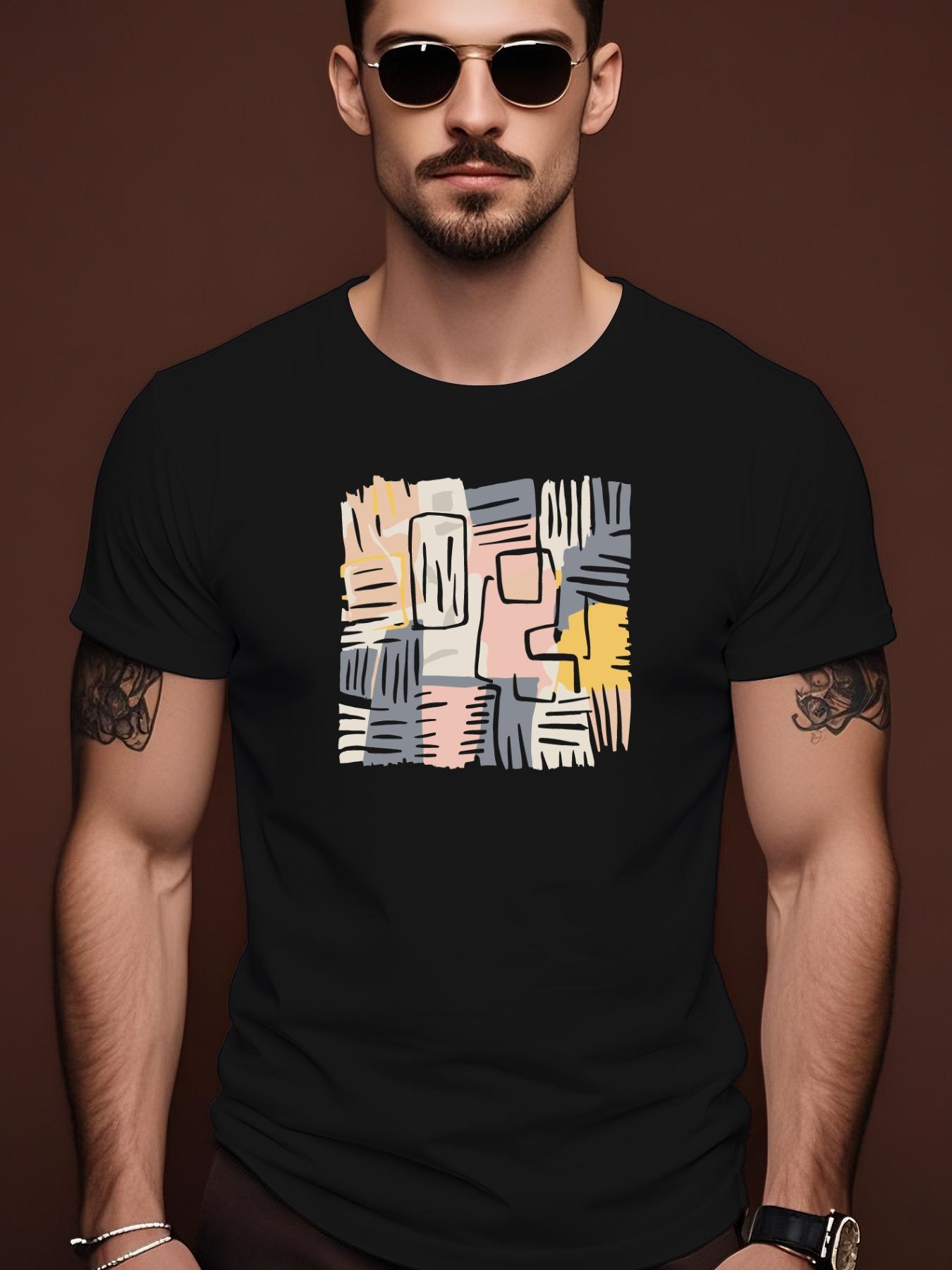 Summer Casual Crew Neck Tshirt with Abstract Geometric De... XXL