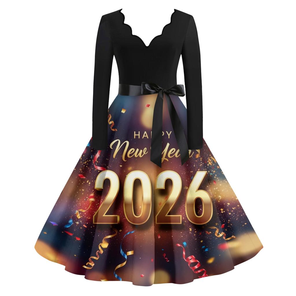 Dámské ležérní módní novoroční potištěné šaty s výstřihem do V ve vintage stylu