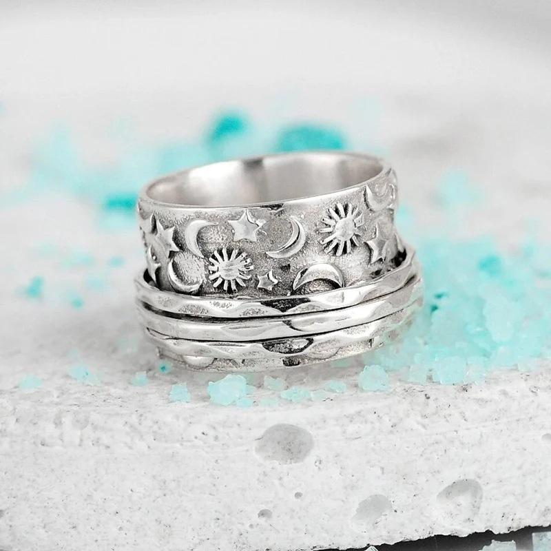 Copper Ring, Retro Index Finger Ring With Stars And Moon Texture, Sun God Wide Version Ring