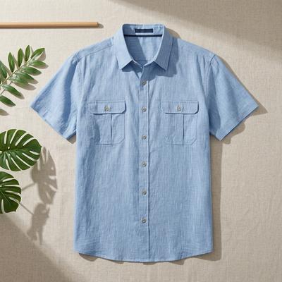 Chemise pour homme à double poche en coton-lin à manches courtes Chemise décontractée de vacances