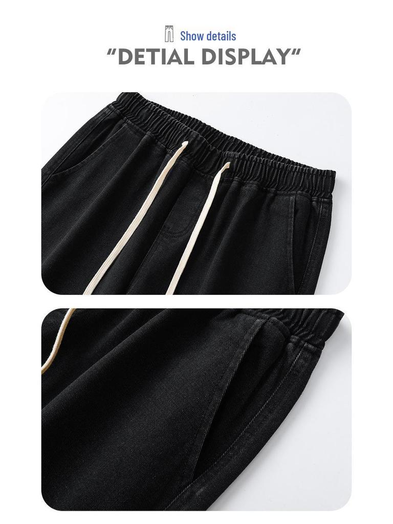 Herren Japanischer Stil Helle Farbe Weite Beine Kordelzug Jeans mit Elastischem Bund, Lockere Gerade Passform, Bodenlang Lässige Trendige Hose