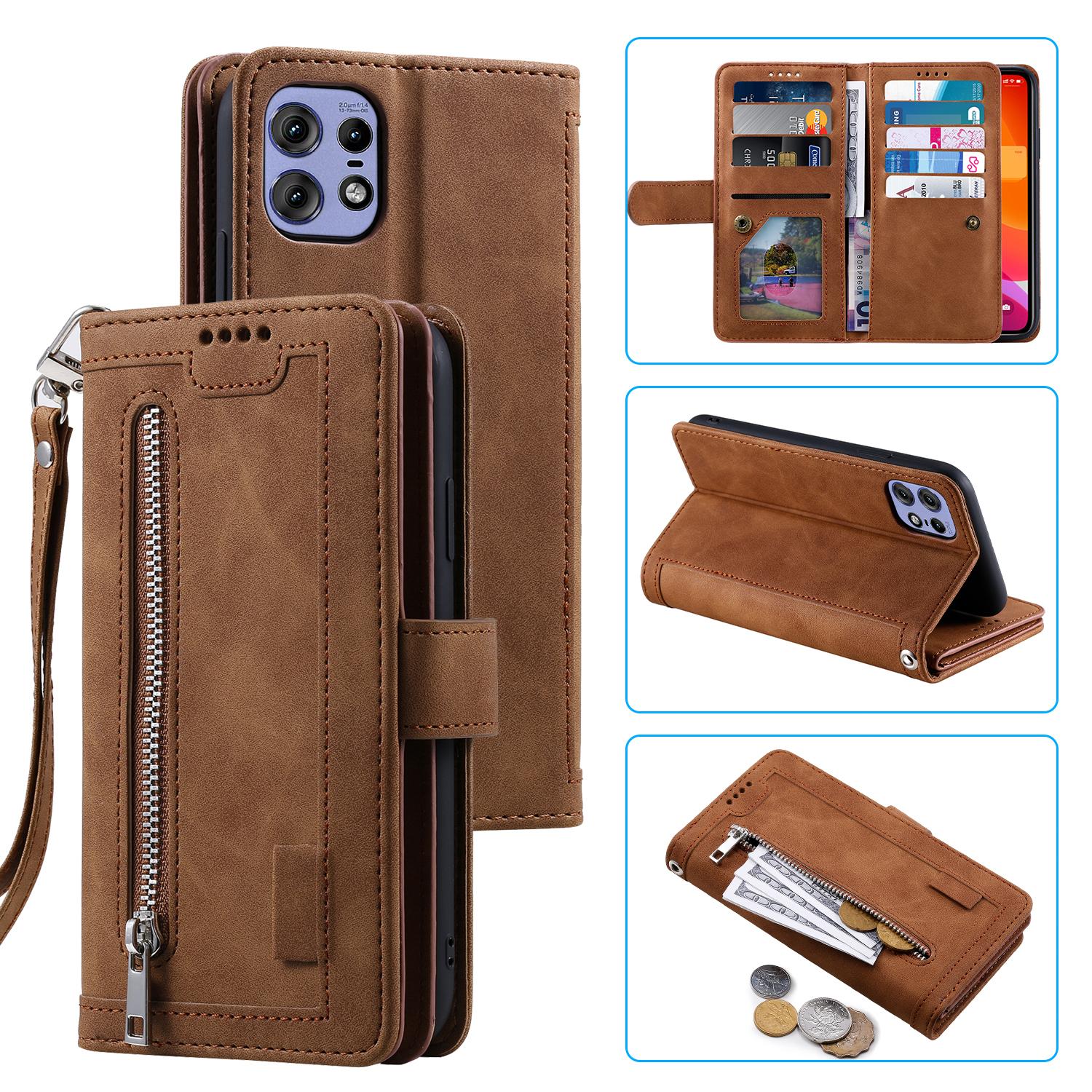 

Чехол для Motorola Edge 50 Pro 5G с 9 отделениями для карт, кожаный кошелек, чехол для телефона с карманом на молнии Brown