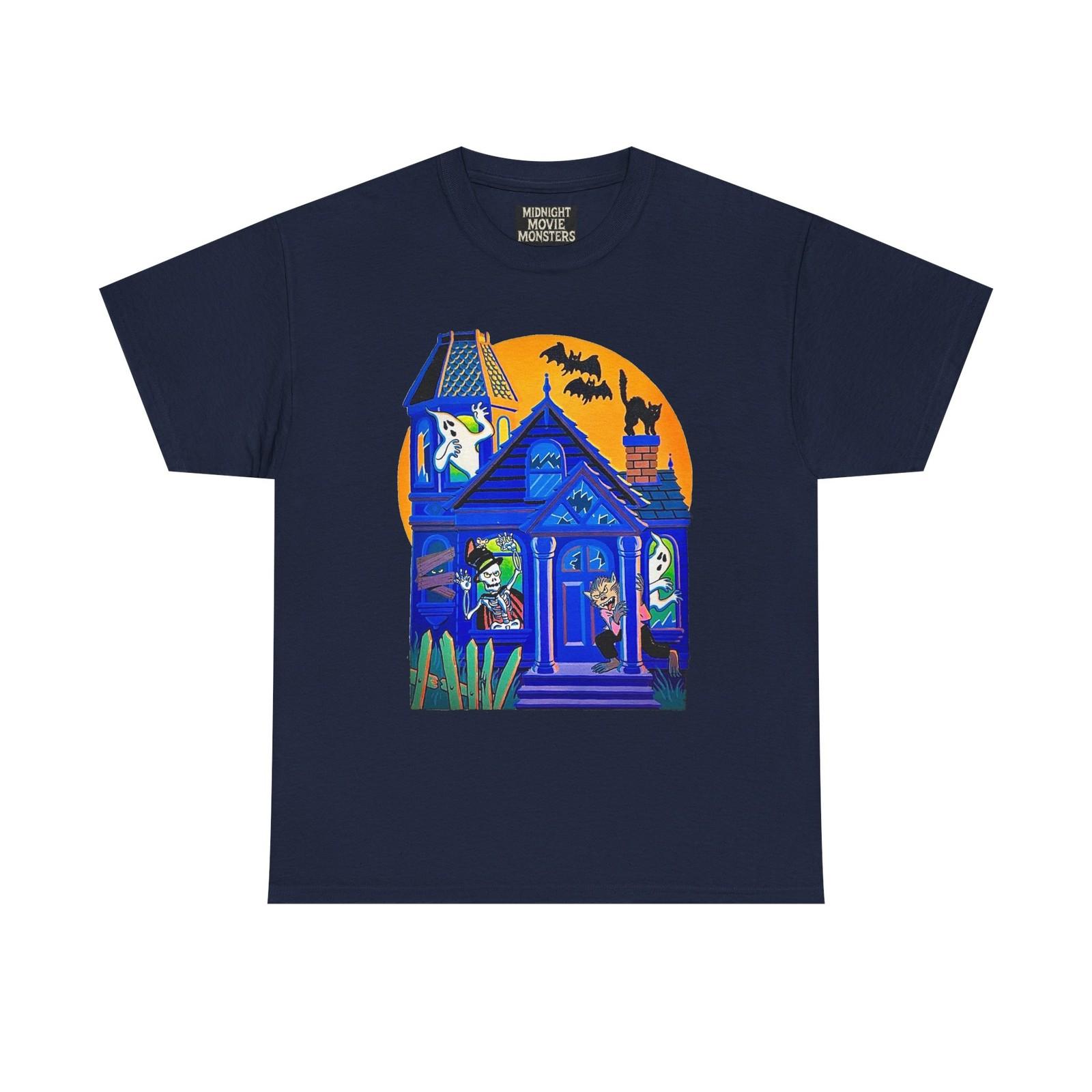 

Halloween Haunted House Wolfman Skeleton Ghosts T-Shirt Unisex Heavy Cotton Tee XL