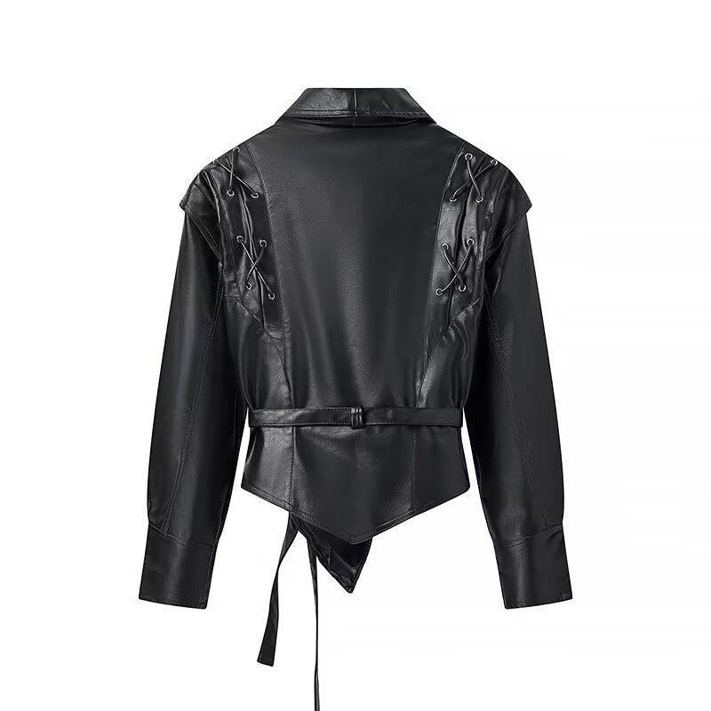 Versatile Retro Lace-Up V-Neck Faux Leather Jacket Streetwear Fashion Outerwear