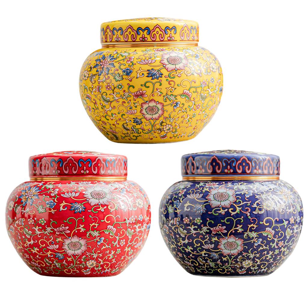 Keramik-Ingwerglas-Vase mit Deckel Blumenarrangement Chinesischer Stil Schreibtisch-Teedose Blumiges Tempelglas für Wohnzimmer-Dekoration