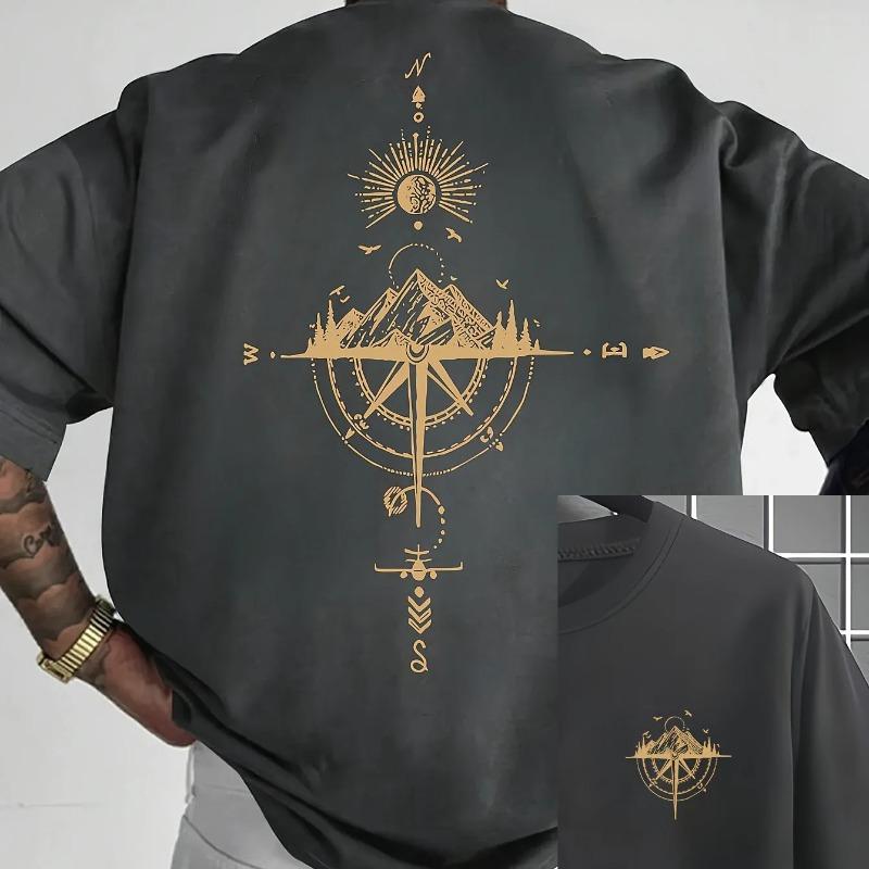 2025 Men's Summer T-shirt Sports Casual Loose Gold Compass Rose Mountain Pattern Printed Round Neck Short Sleeved T-shirt Summer