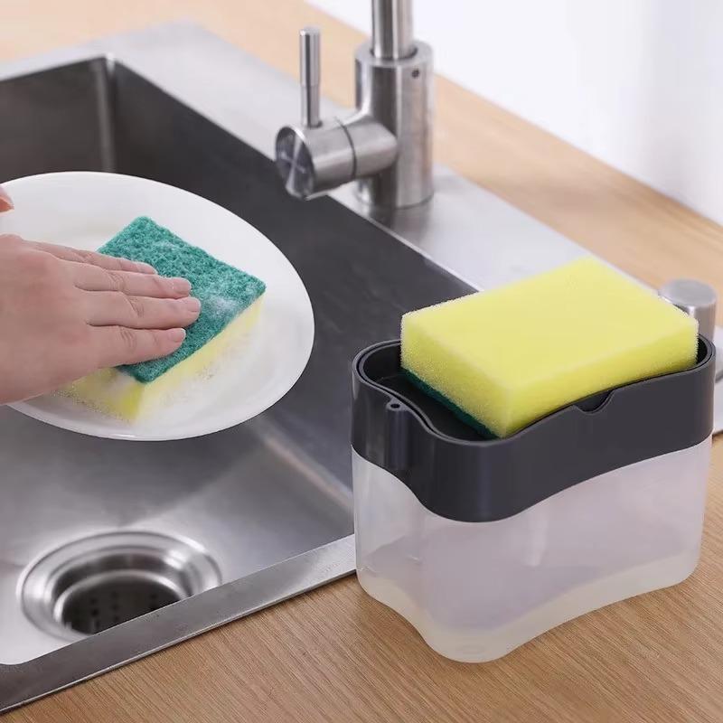

Soap Dispenser with Sponge Holder Cleaning Liquid Pump Dispenser Container Manual Press Home Bathroom Kitchen Clean Accessories сірий