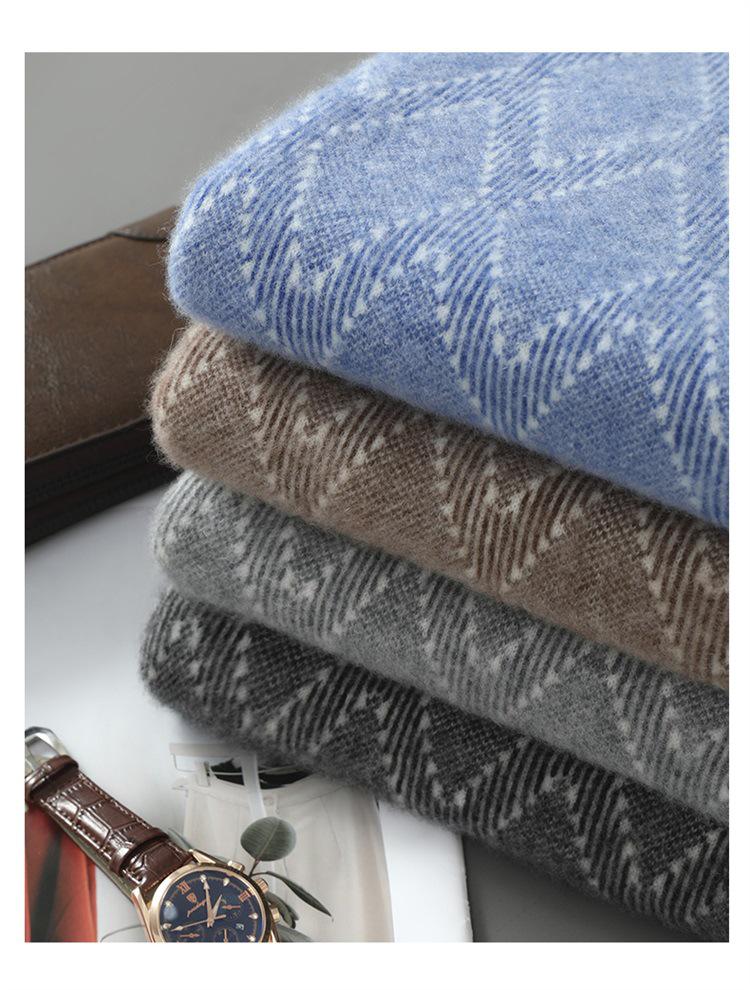 Men's Pure Wool Diamond Pattern Round Neck Loose Knit Sweater - Autumn/Winter Pullover
