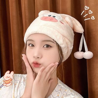 Dessin Animé Petit Cochon Qiao, Chapeau Princesse Velours Corail, Bonnet de Douche Broderie Faciale, Bonnet Épais Absorbant l'Eau pour Filles