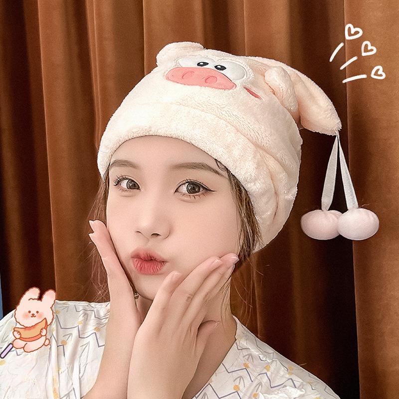Cartoon Little Pig Qiao, Coral Velvet Princess Hat, Facial Embroidery Shower Cap, Water-absorbing Thickened Hair Cap for Girls
