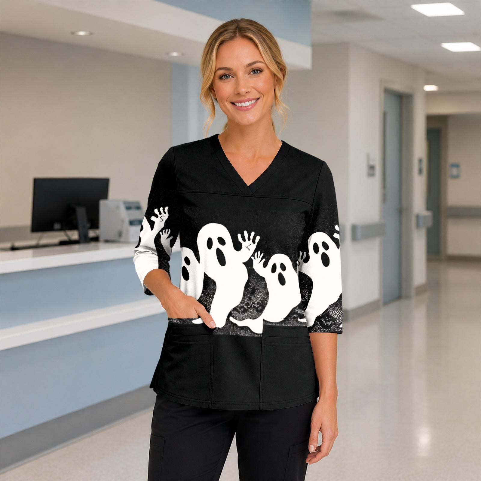 Women s Halloween Costume Top V-Neck with Pockets Side Slit Three-Quarter Sleeve XXXL