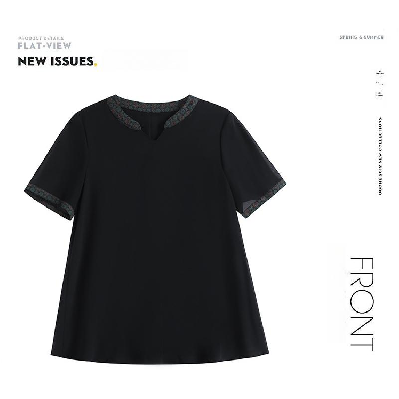 Plus-size black top, summer patchwork short-sleeve, loose and breathable casual women's t-shirt