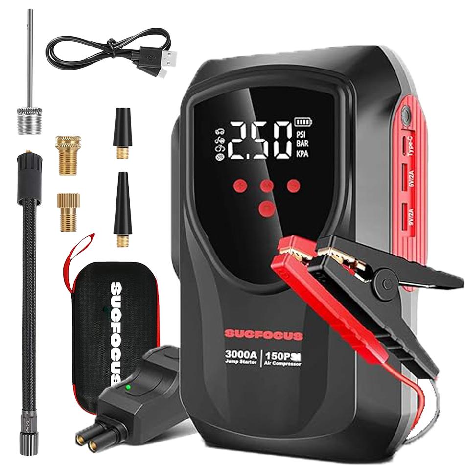

Пусковое устройство с воздушным компрессором, 3000A 150PSI портативное автомобильное аккумуляторное пусковое устройство (9,0 л бензин/8 л дизель), с ЖК-дисплеем, светодиодной подсветкой, USB QC3.0 красный