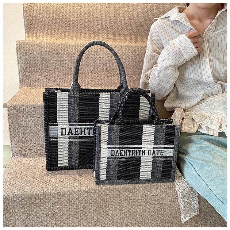 Women's Bag Cotton and Linen Large-capacity Portable Tote Bag New Fashion Embroidery Striped Color Contrast Hand Bag Women's Bag
