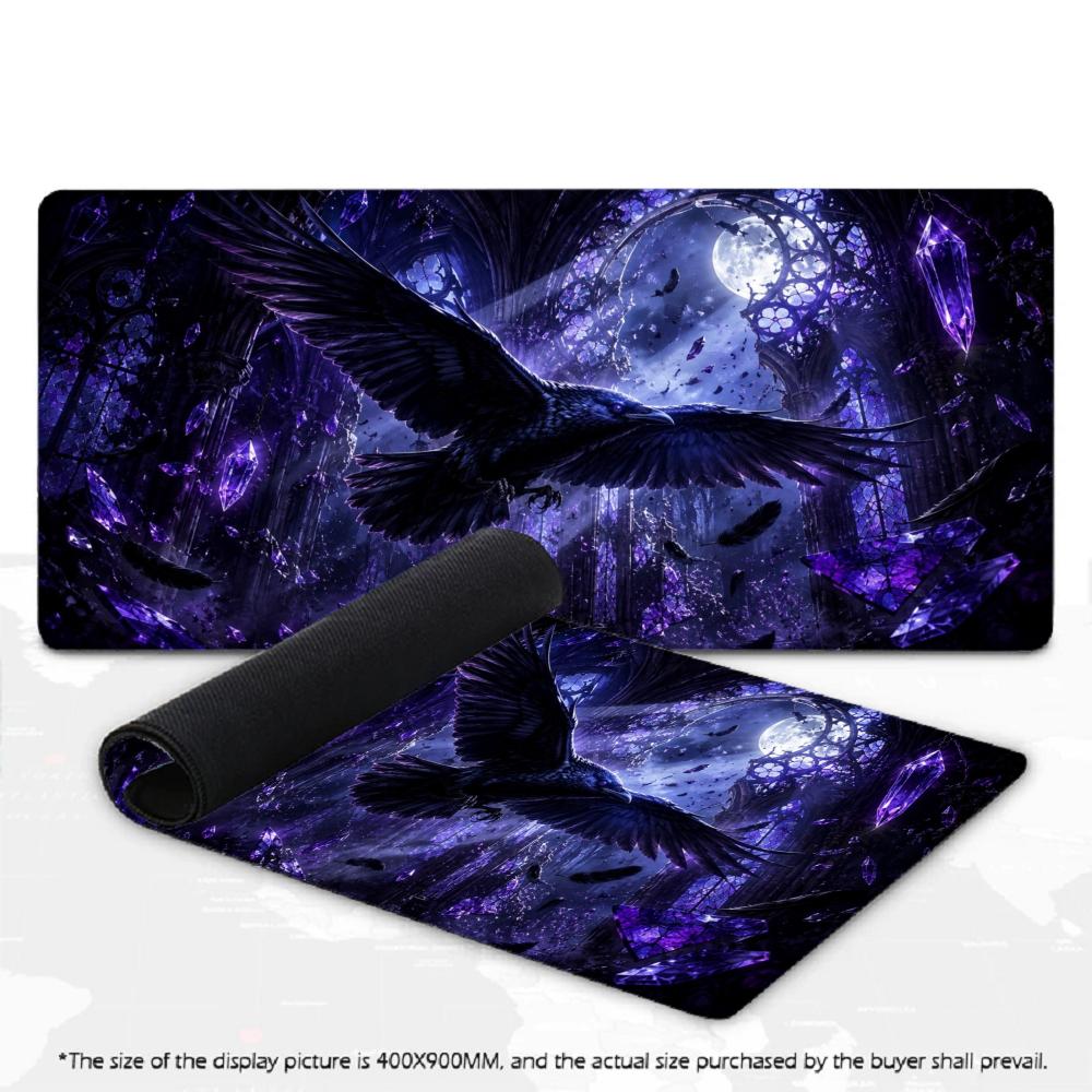 Purple Crystal Raven Gothic Moon Magic Rune XXL Mousepad Dark Witchcraft Deskmat Rubber Overlock Keyboard Gaming Desktop Mat