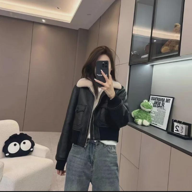 Chaqueta de Moto de Cuero de Lana de Cordero de Invierno a la Moda para Mujer Maillard