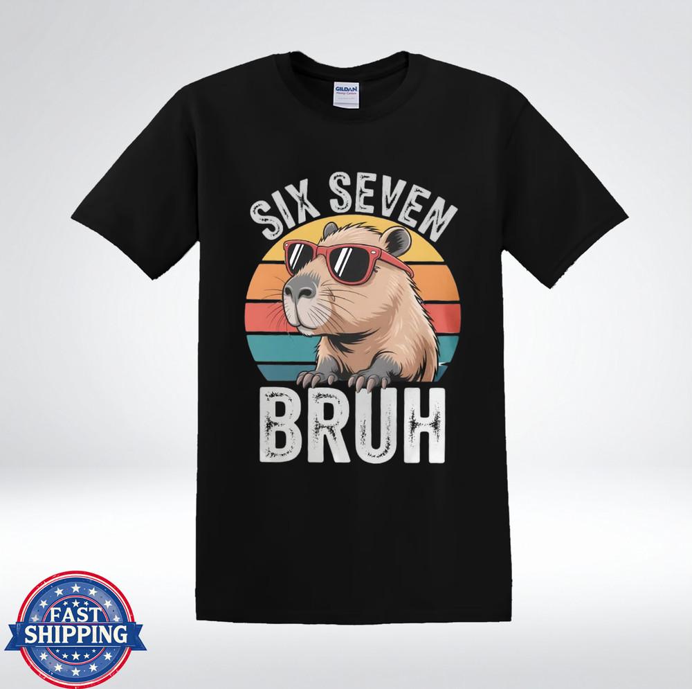 Retro Capybara Six Seven Bruh Funny Cool Animal Lover Graphic T-Shirt S