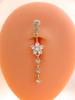 Gold Stainless Steel Long Dangle Flower CZ Belly Button Ring for Women