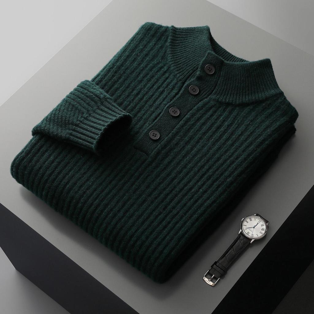 Men’s 100% Pure Wool Thick Warm Sweater, Half-High Button Collar, Autumn/Winter Knitwear for Middle-Aged Men.
