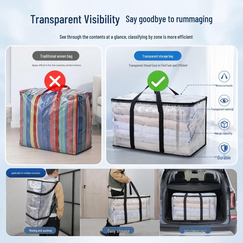 Large Capacity Transparent Moving Bag with Zipper and Reinforced Handles
