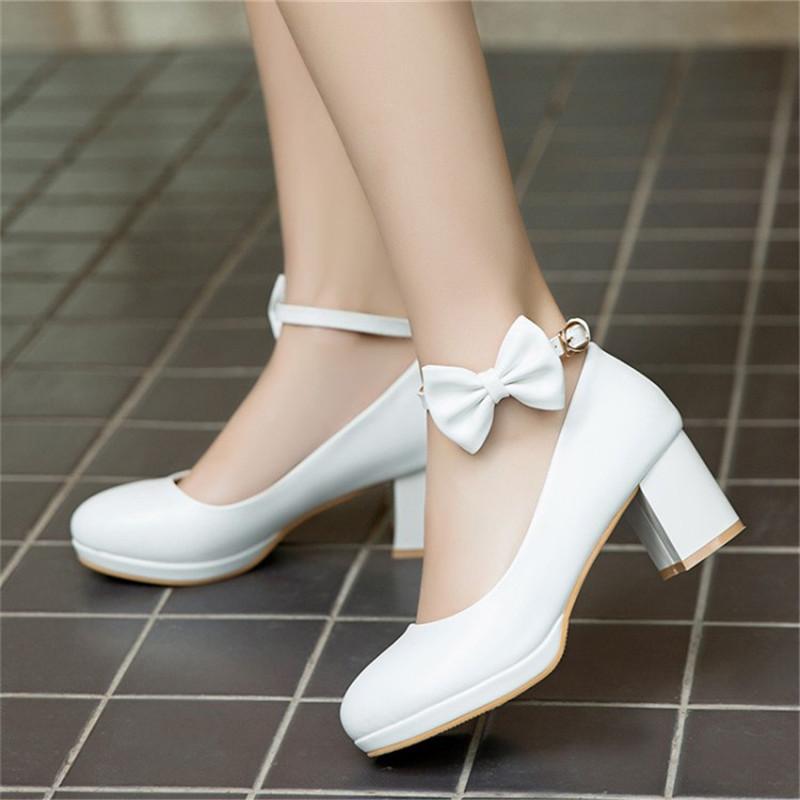 Girls Leather Shoes High Heel Shoes Sweet Bowknot Bridal Wedding Shoes Women High Heels Princess Dress Party Shoes Size 30-43