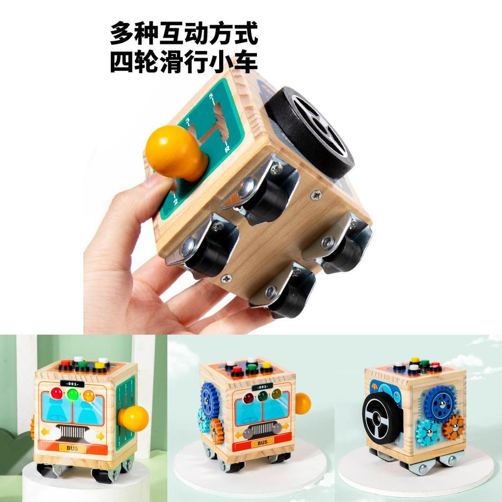 Wooden Bus Design Steering Wheel Color Buttons Children Puzzle Toys With Lights For Kids
