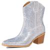IPPEUM Rhinestone Boots Cowboy Women Black Ankle Design Chunky Heel Ponited Toe Size 43 New In Women's Western Boots