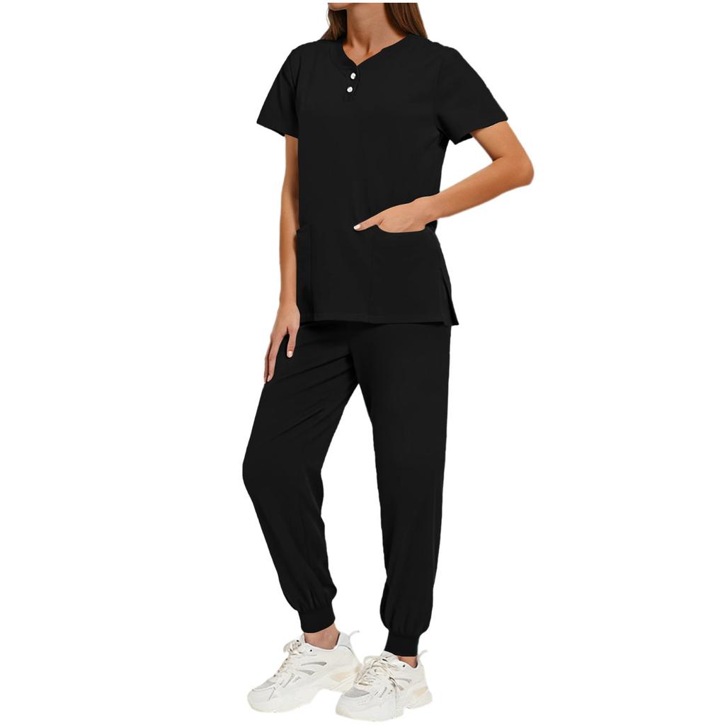 Nursing Scrub Set Women Quick Dry Fabric V Neck Short Sleeve Top with Pockets and Elastic Waist Long Pants Medical Uniform Workwear Set