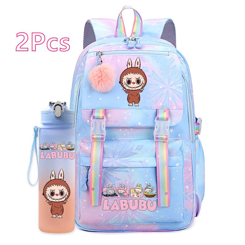 2Pcs/set Cute Printed Backpack with 750Ml Outdoor Sports Water Bottle Student Girl Boy Schoolbag Large Capacity Travel Bag Gift