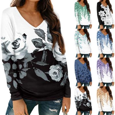 Women's Fashion Casual Long Sleeve Floral Print V Neck Top With Pockets